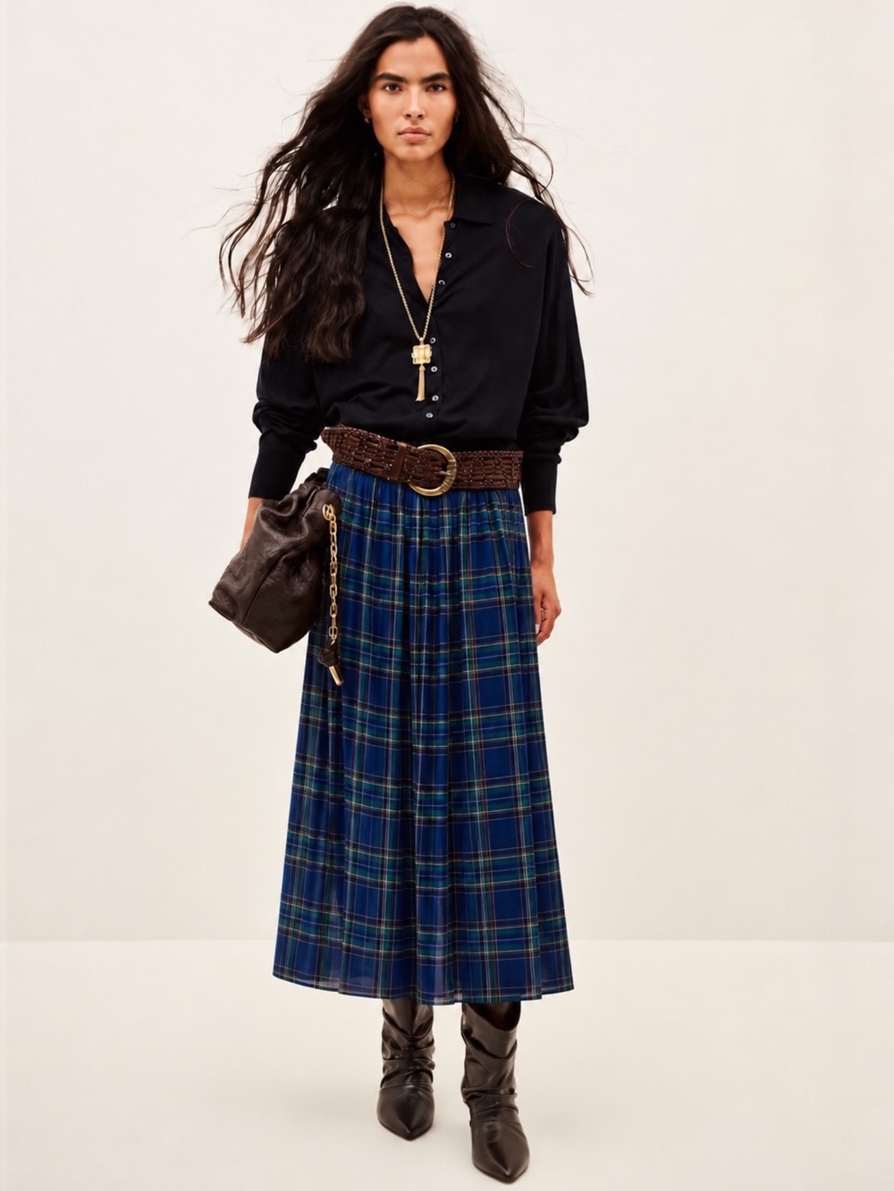 American Apparel Plaid Chiffon Maxi Midi Skirt Blue Tartan XS/S Like New